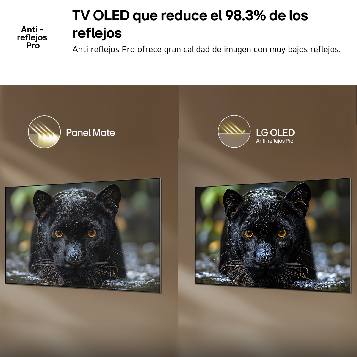 Due schermi TV mostrano una pantera nera nell'acqua, uno con tecnologia Panel Mate.