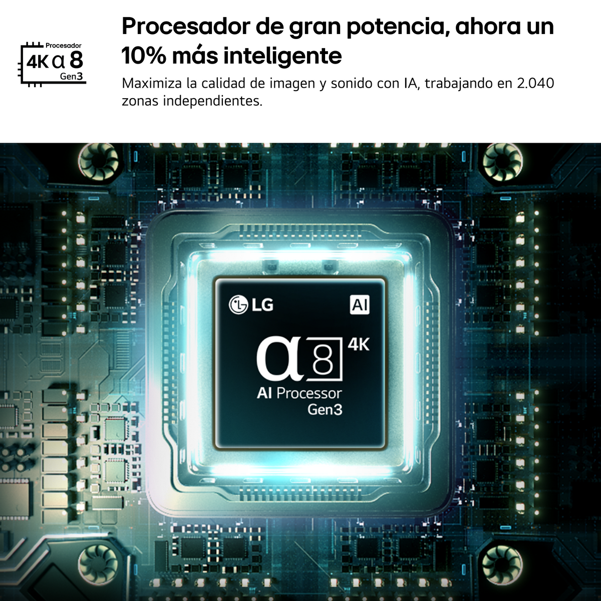 Primo piano di un complesso chip di computer con logo LG e "AI Processor Gen3".