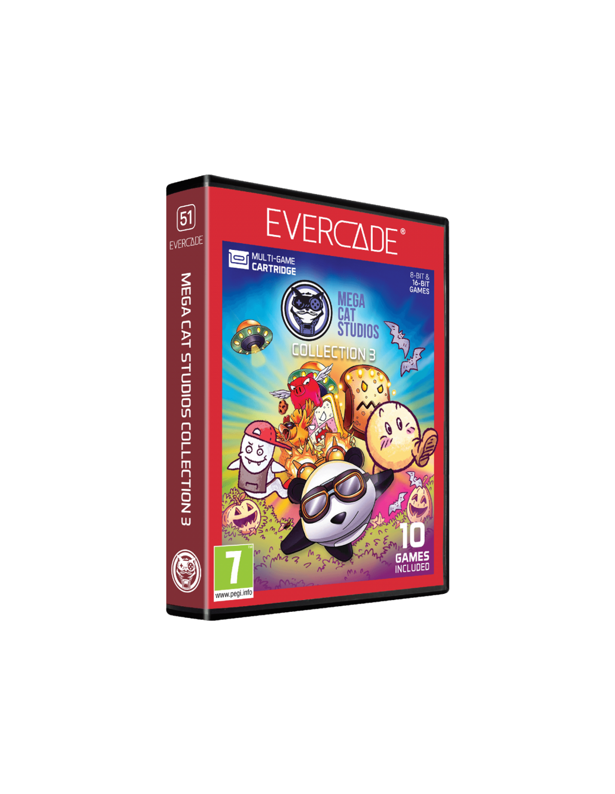 Custodia gioco Evercade con personaggi colorati, tra cui un panda con occhiali da sole.