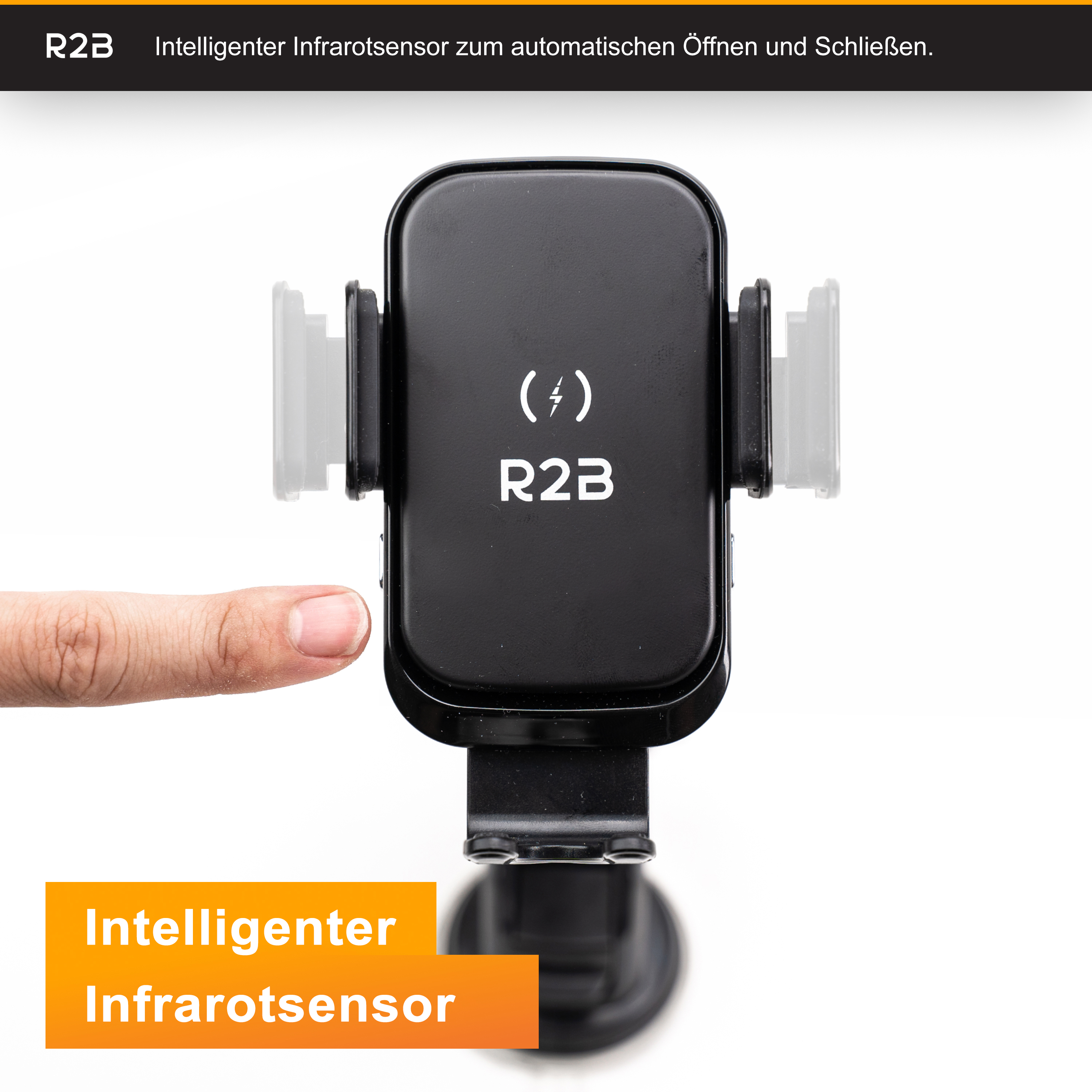 Ein Finger nähert sich einem schwarzen intelligenten Infrarotsensor-Handyhalter.