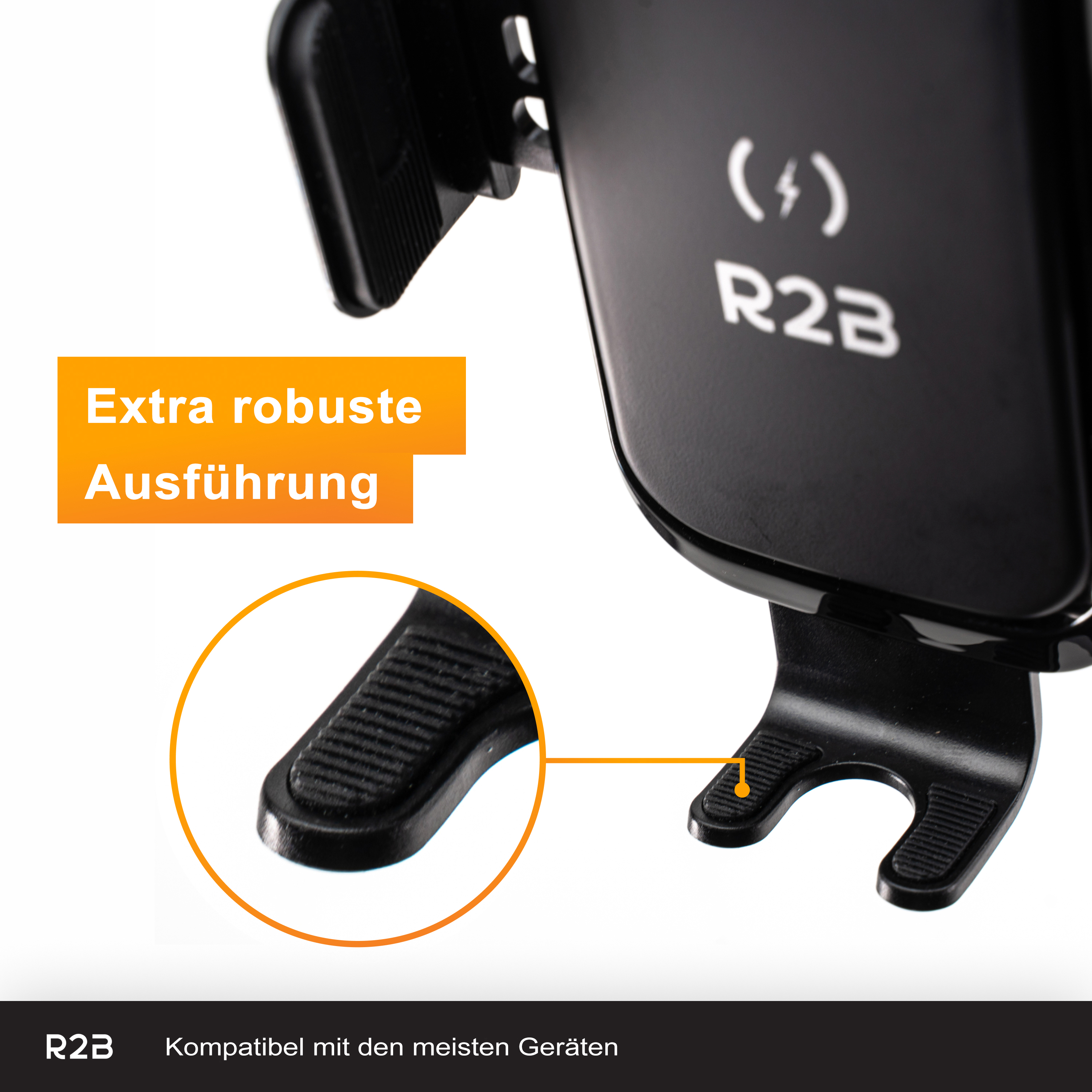 Schwarzer Handyhalter mit "R2B" Logo, extra robuster Ausführung.
