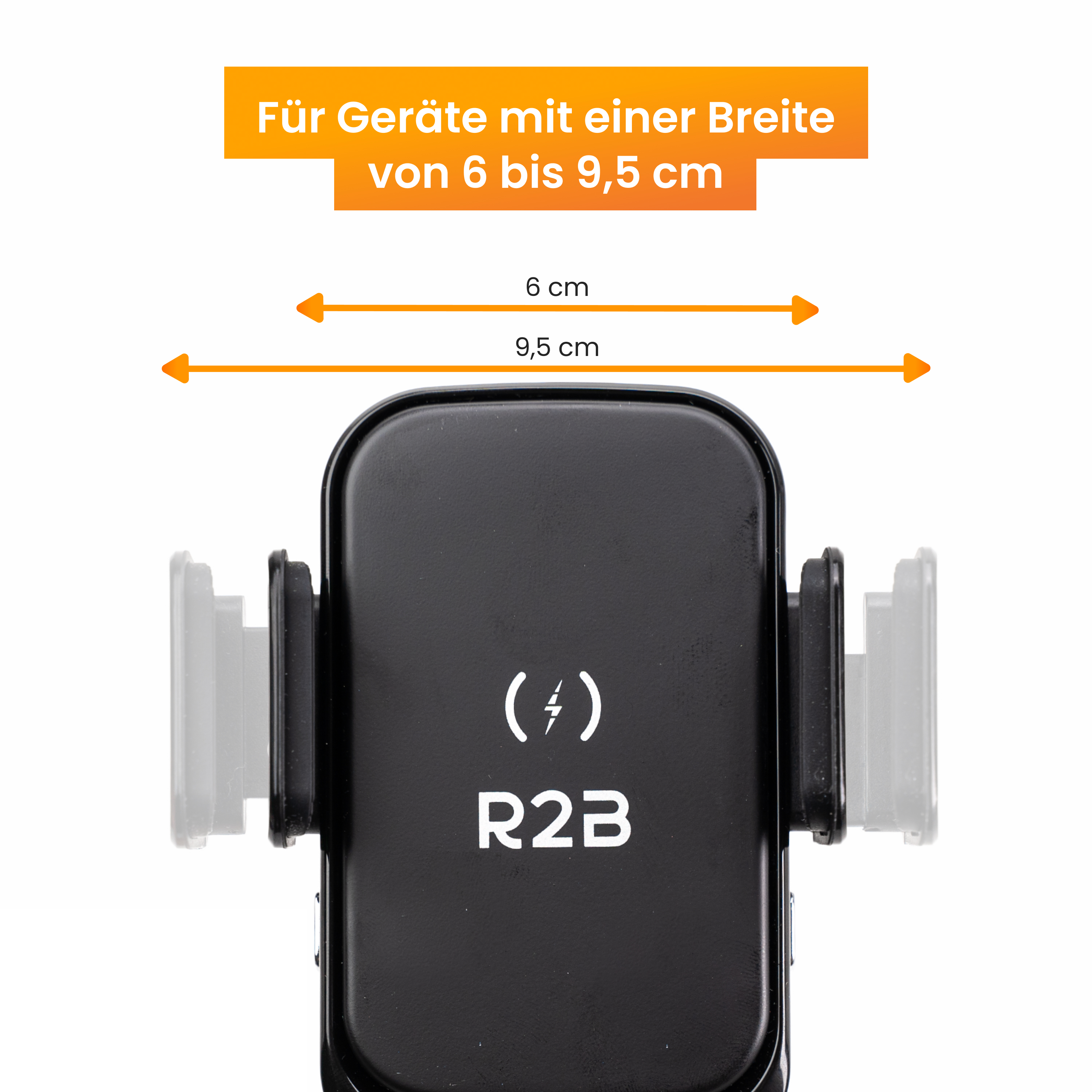 Schwarzer Handyhalter mit Ladefunktion, passend für 6-9,5 cm breite Geräte.