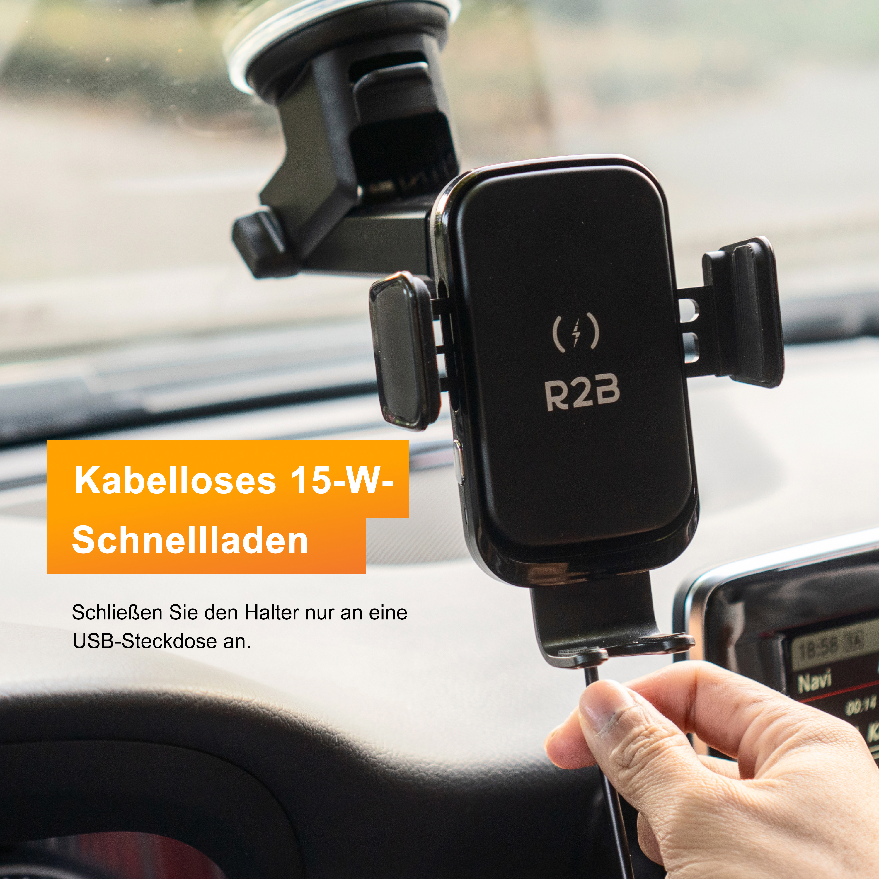 Ein schwarzer kabelloser 15-W-Schnellladegeräthalter für Autos.