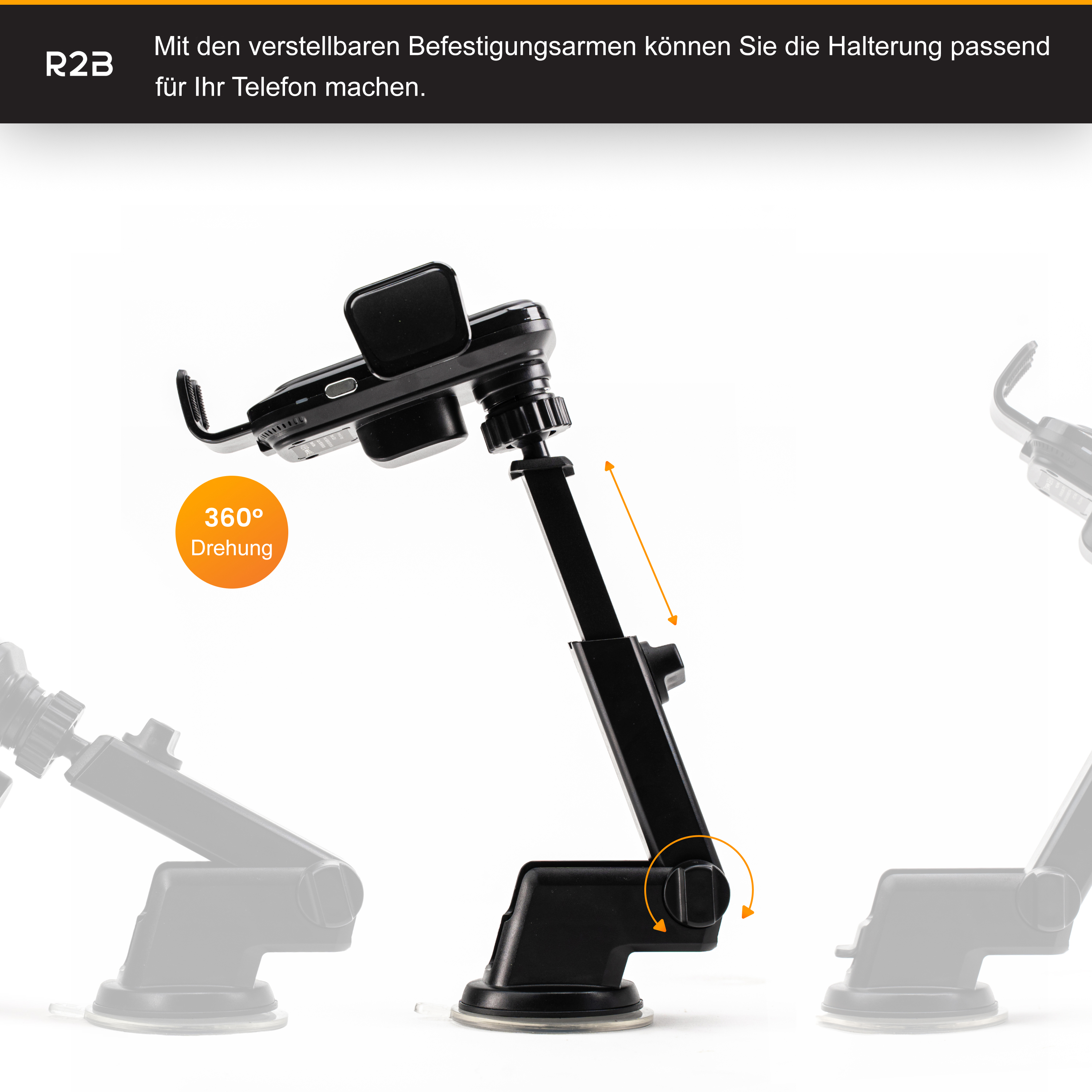 Ein schwarzer Handyhalter mit Saugnapf und verstellbarem Arm auf weißem Hintergrund.