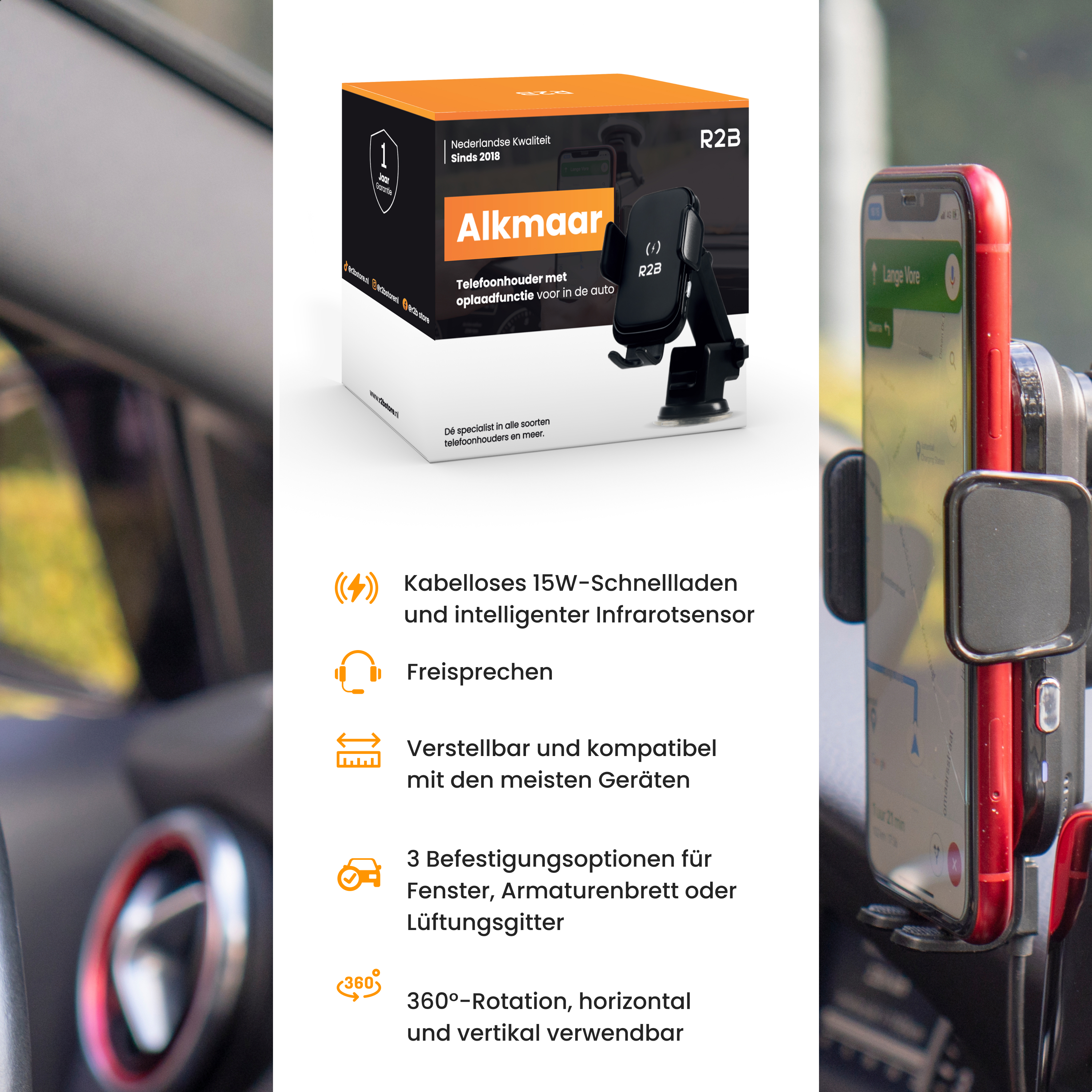 Auto-Handyhalterung mit kabellosem Laden und Navigation auf dem Bildschirm.