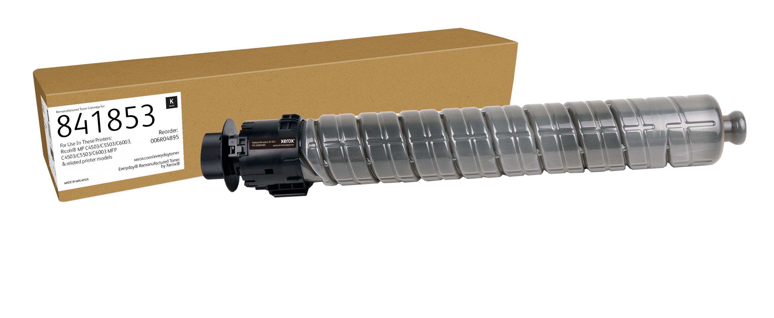 Cartuccia toner Xerox nera 841853 accanto a una scatola di cartone aperta.