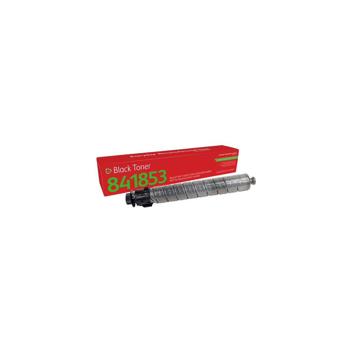 Cartuccia toner nero 841853 accanto a una scatola rossa per Ricoh MP C4503/4504/5503/6003/6004.