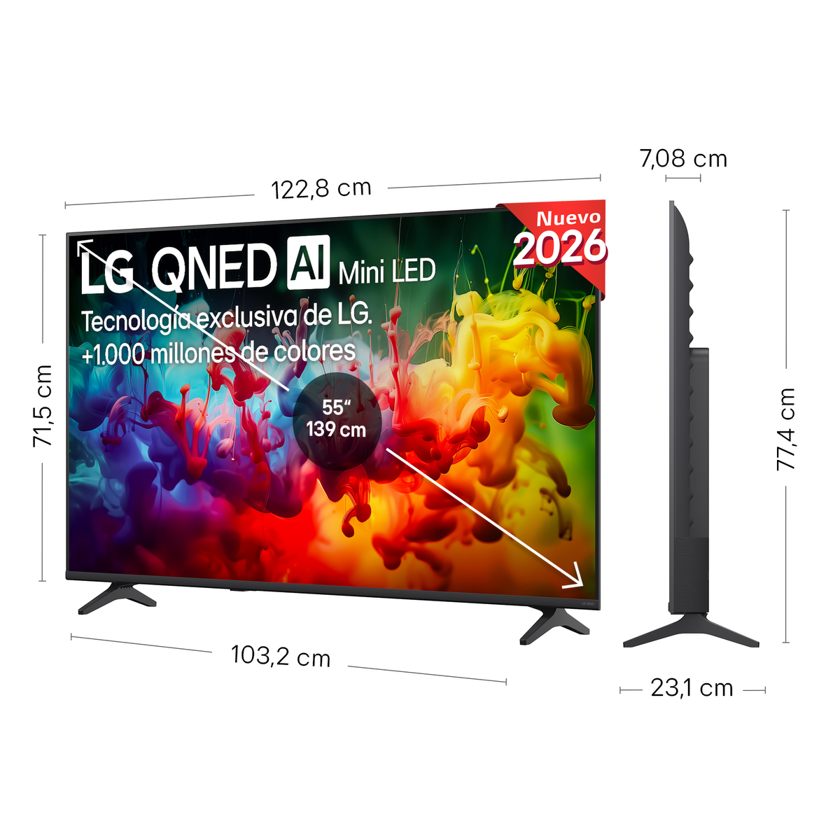 TV LG QNED AI Mini LED, 55 pulgadas. Dimensiones: 122,8x71,5x7,08 cm. Nuevo 2026.