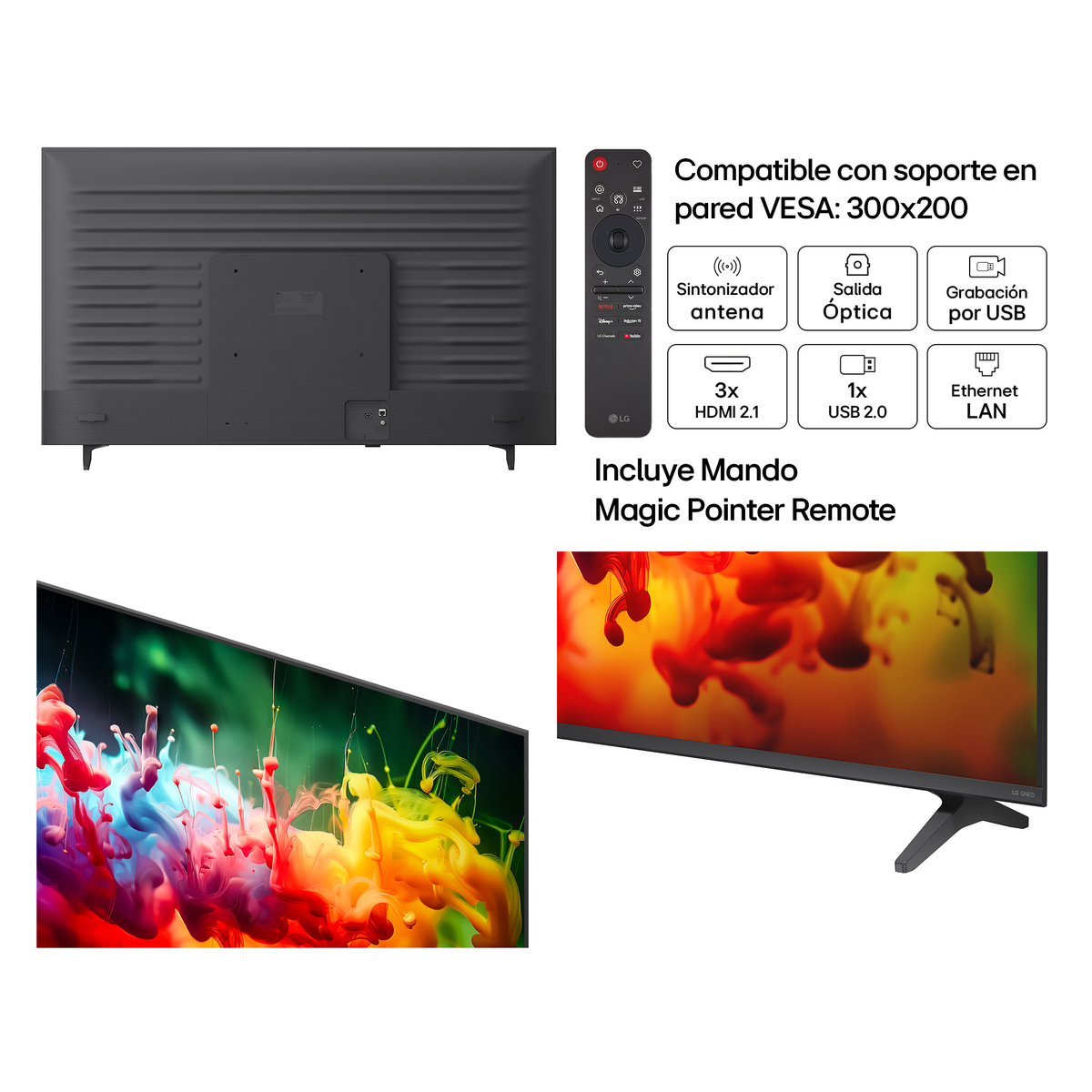 Parte trasera de TV negro, mando y pantalla con nubes de colores. VESA 300x200.