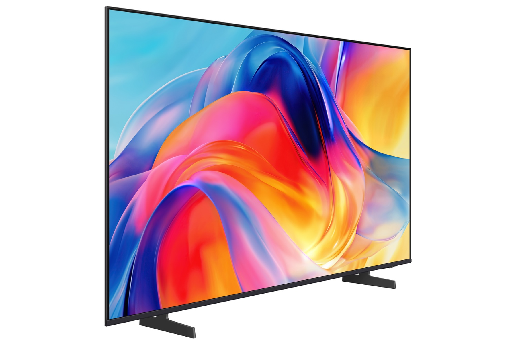 Un televisor moderno de pantalla plana muestra una imagen abstracta colorida con formas fluidas.