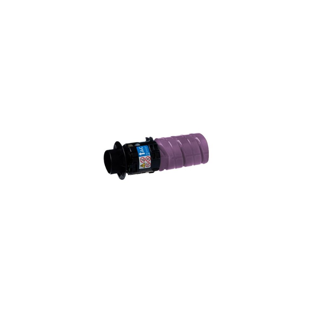 Cartuccia toner viola con connettore nero e simboli di avvertenza su etichetta blu.