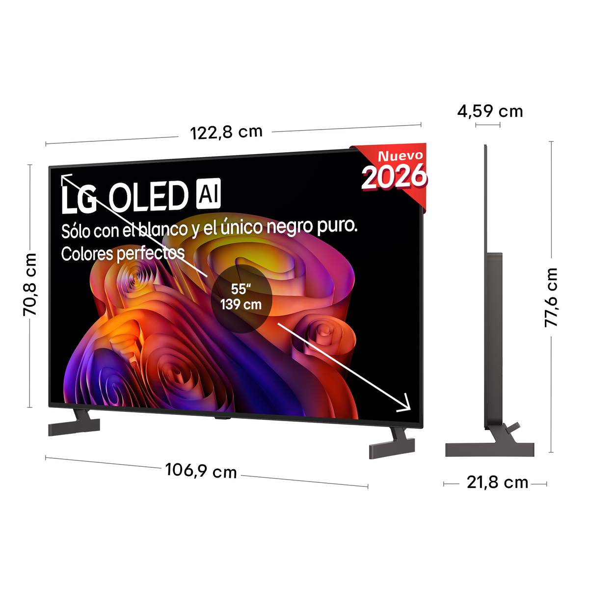 TV LG OLED AI, 55 pollici, con dimensioni e specifiche.