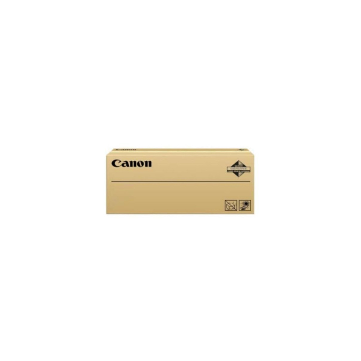 Una scatola Canon beige con icone di fragilità e protezione solare.