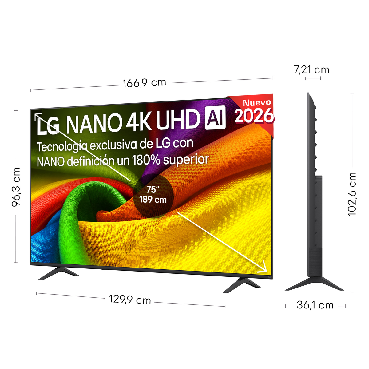 TV LG Nano 4K UHD AI con dimensioni 166,9x96,3x7,21cm, 75 pollici.