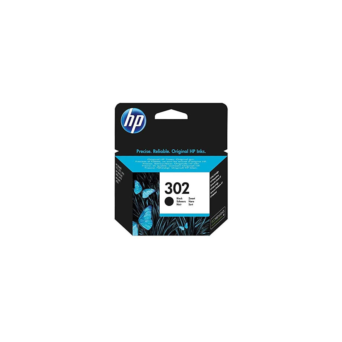 Cartuccia d'inchiostro nero HP 302 con farfalle sulla confezione.