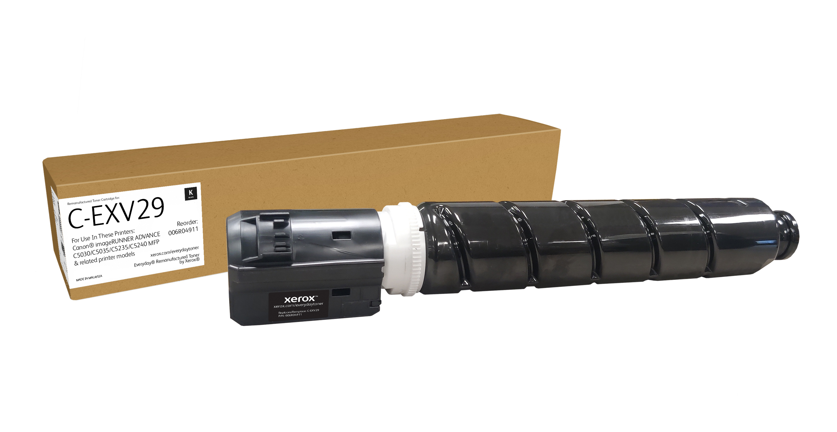 Un toner Xerox nero e una scatola marrone con etichette.