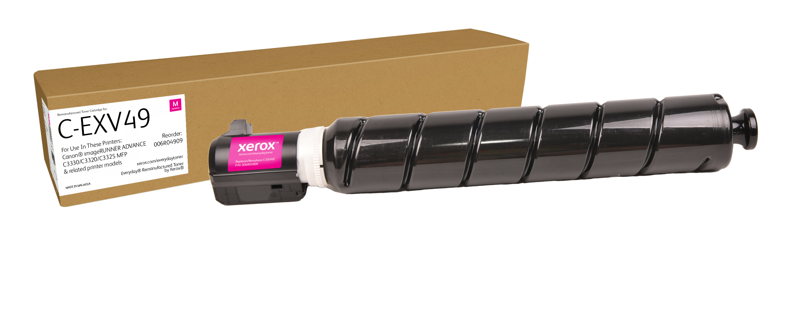 Un cilindro di toner Xerox nero accanto a una scatola marrone con etichetta C-EXV49.