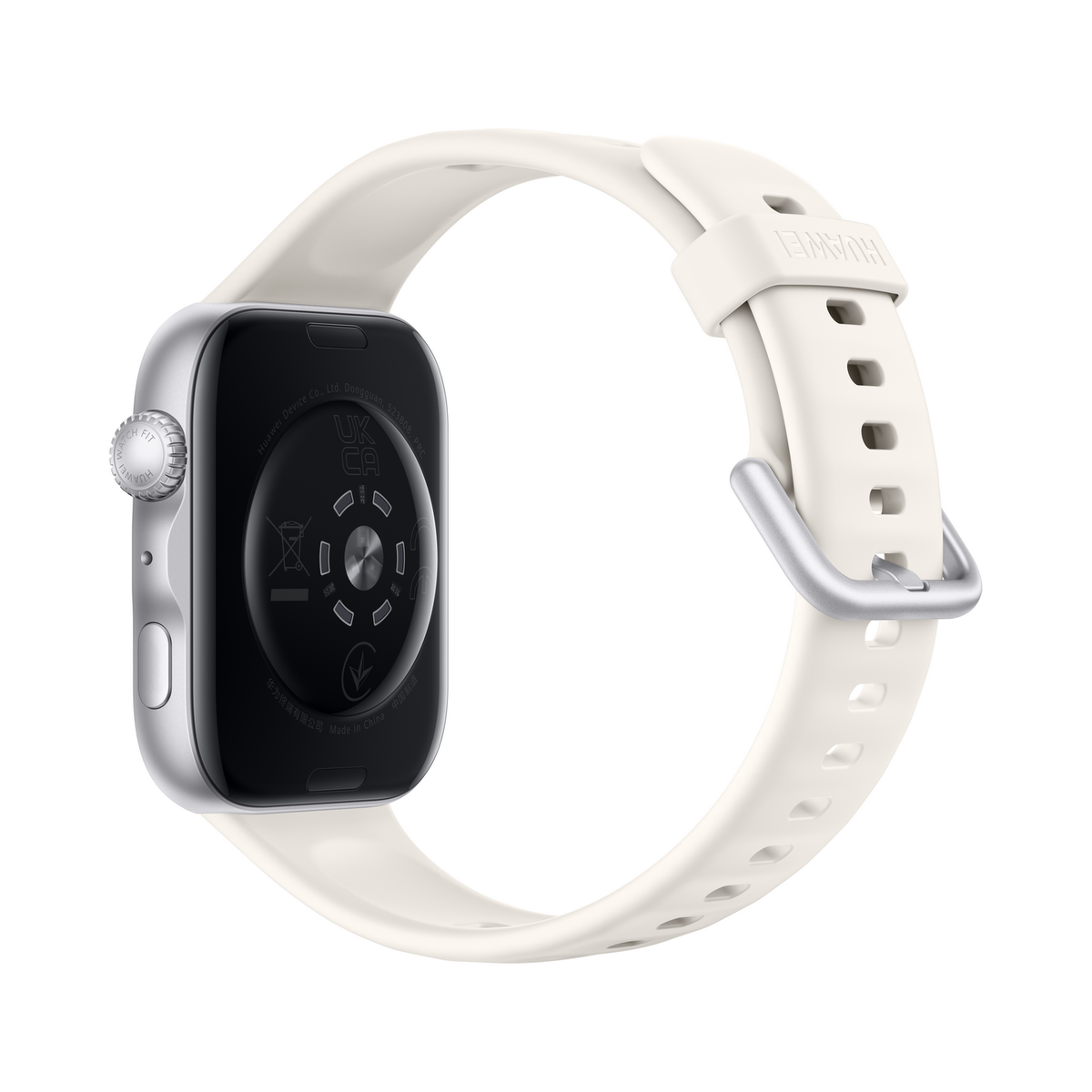 Nahaufnahme einer silbernen Smartwatch mit weißem Armband, die Rückseite mit Text.