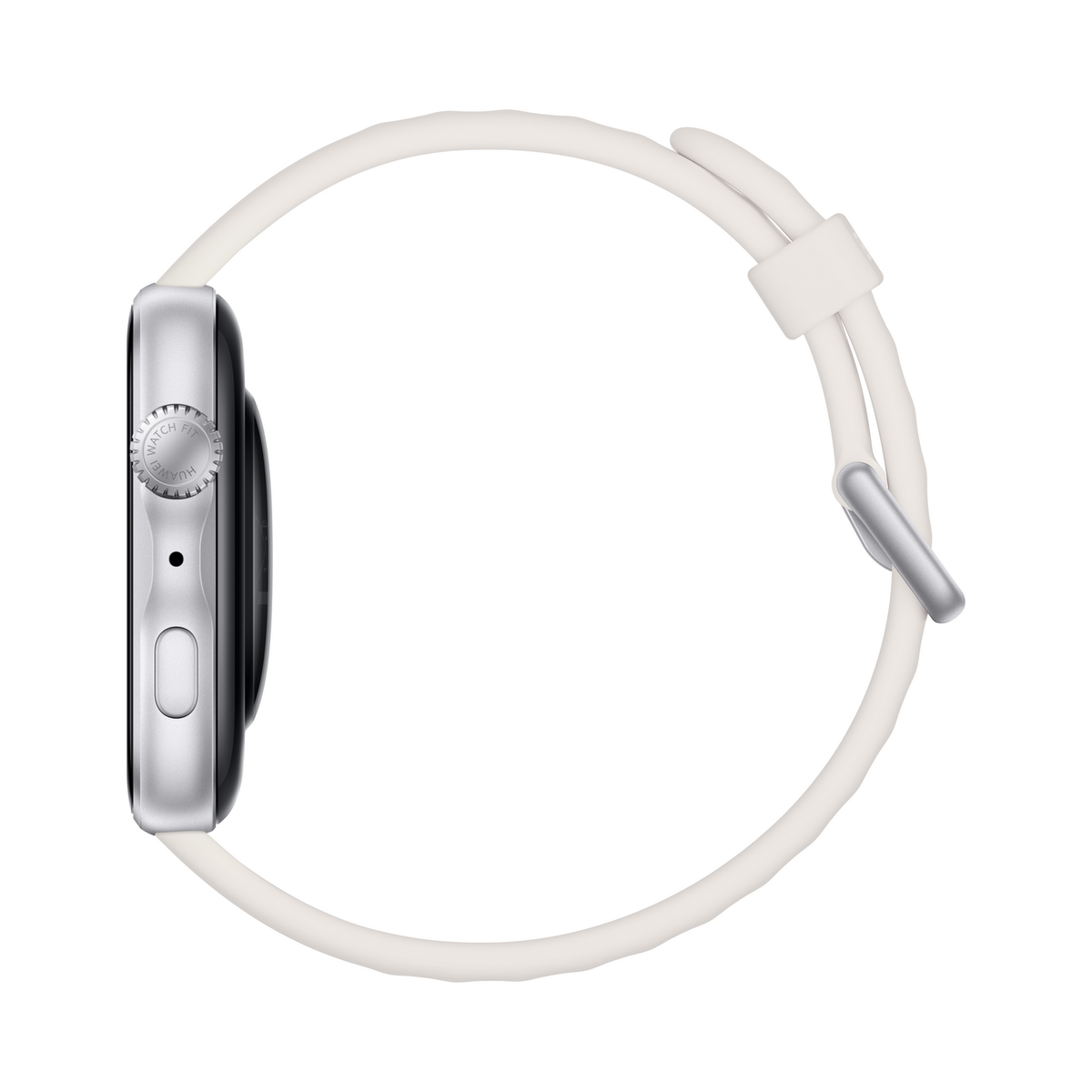 Eine silberne Smartwatch mit weißem Armband, von der Seite betrachtet.