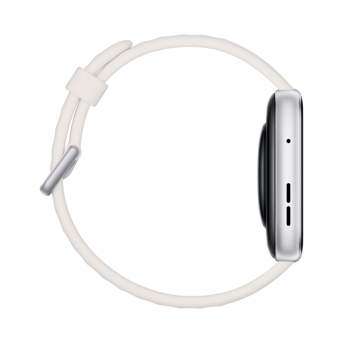 Silberfarbene Smartwatch mit weißem Armband, Seitenansicht.