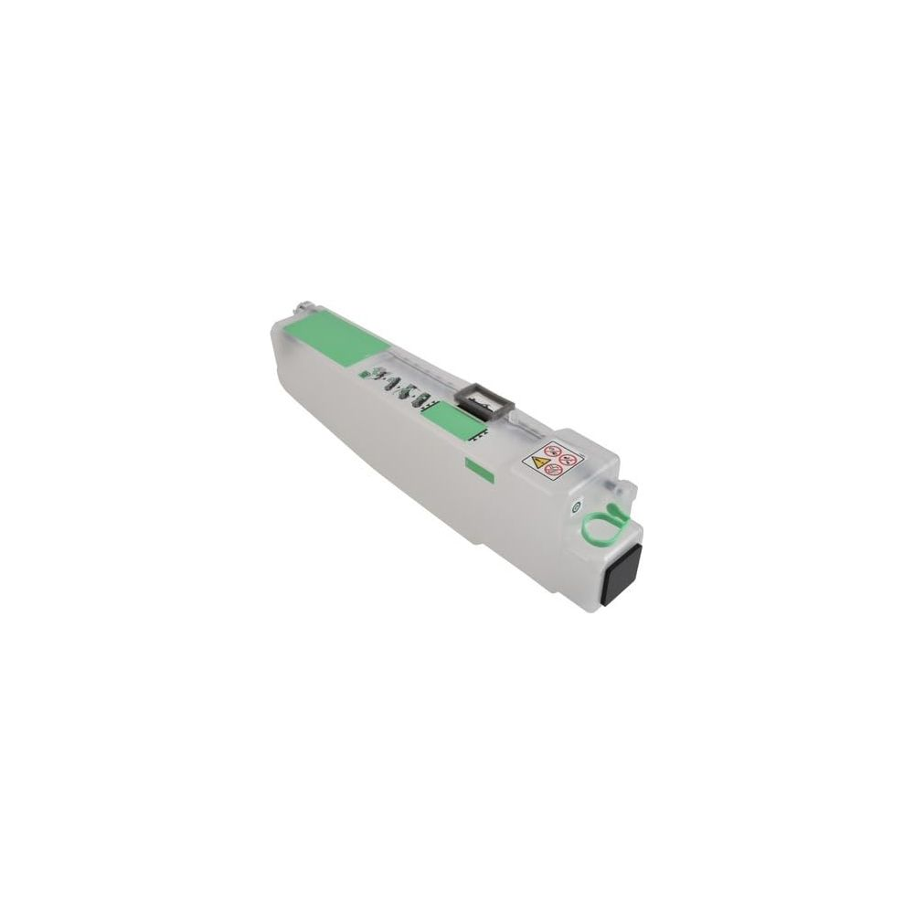 Una cartuccia toner bianca con accenti verdi e simboli di avvertenza.