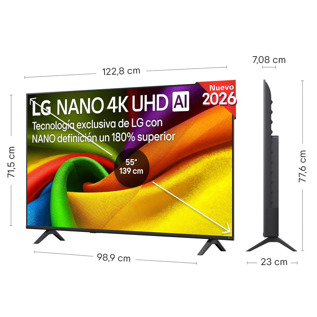 TV LG 55" 4K UHD con display NanoCell, dimensioni mostrate.