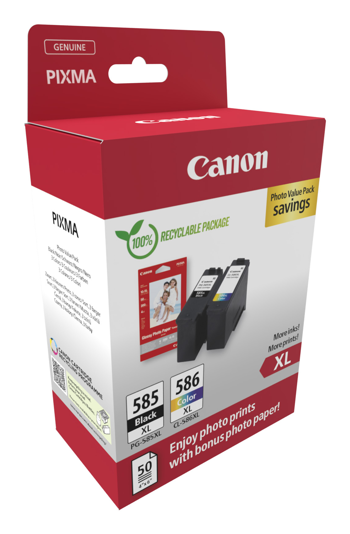 Scatola cartucce d'inchiostro Canon PIXMA con cartucce nero e colore, carta fotografica e info riciclo.