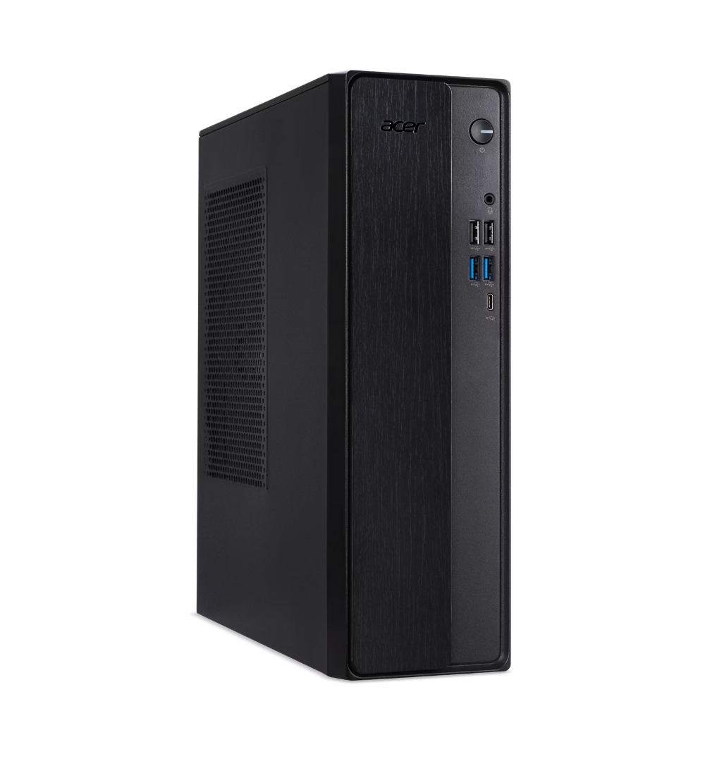 PC desktop Acer nero con pannello frontale effetto legno e porte USB.