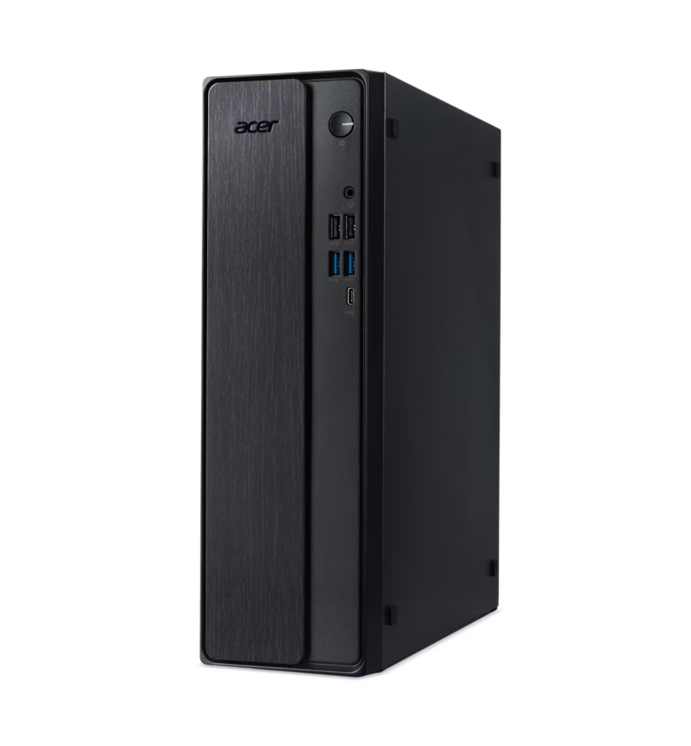 PC desktop Acer nero con pannello frontale spazzolato e porte USB.