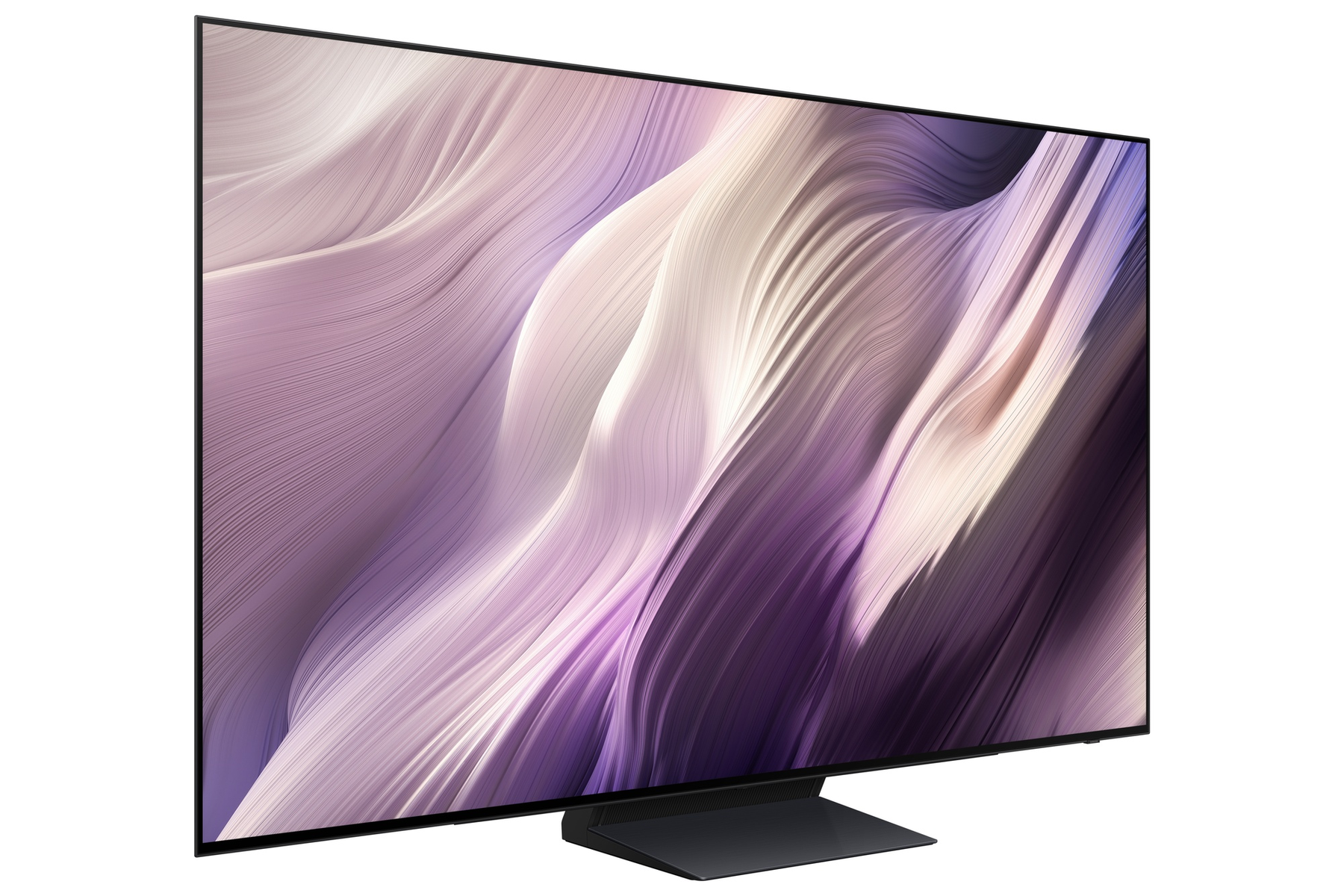 Un televisor moderno con un protector de pantalla abstracto y ondulado en tonos púrpuras y blancos.