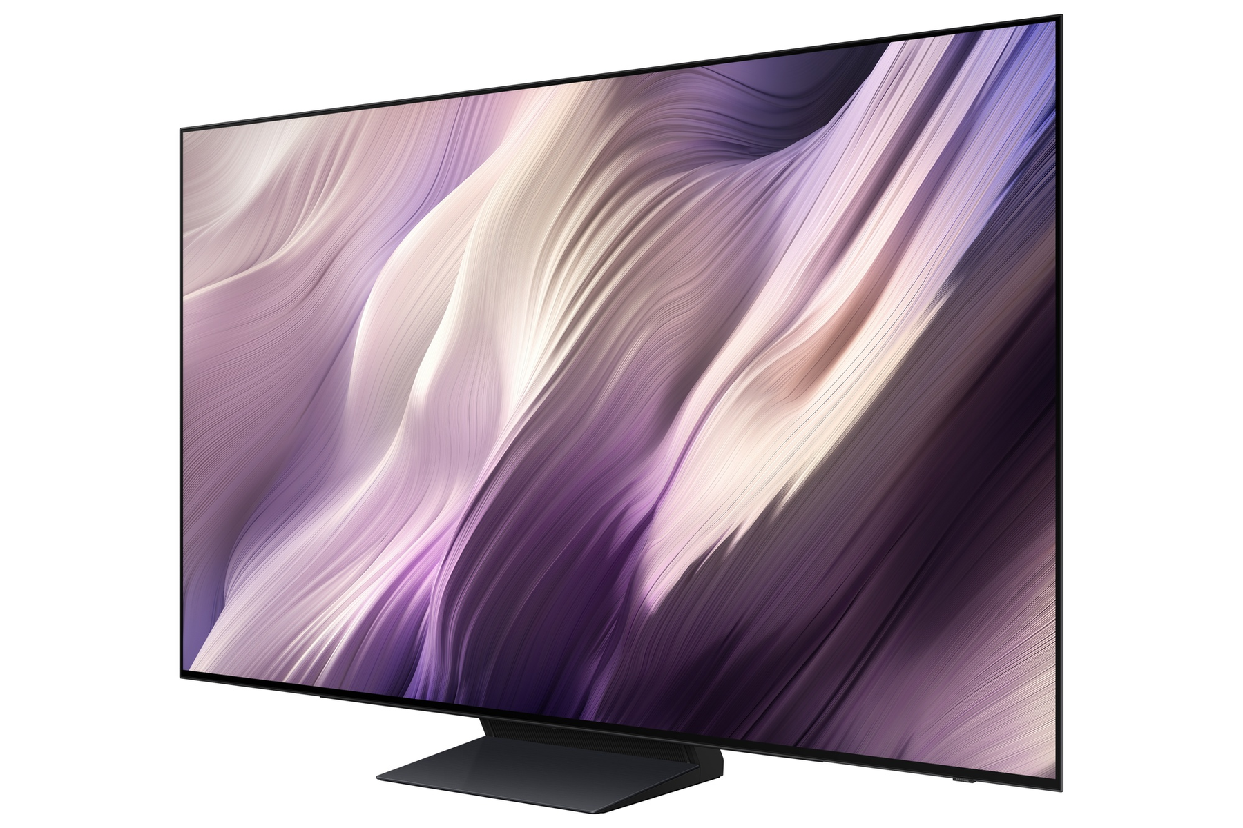 Un televisor moderno que muestra un patrón abstracto y ondulado en púrpura y blanco en su pantalla.