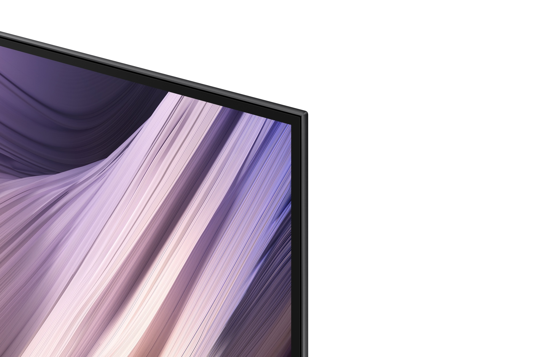 Un televisor moderno que muestra una pantalla abstracta con patrón morado y blanco.