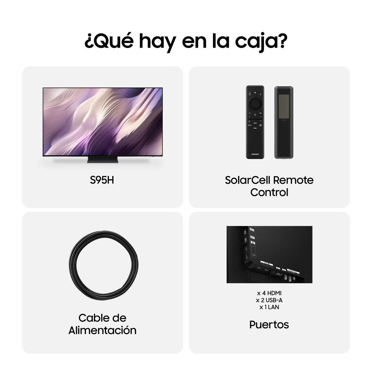 Contenido de la caja: TV S95H, mando, cable de alimentación, puertos.