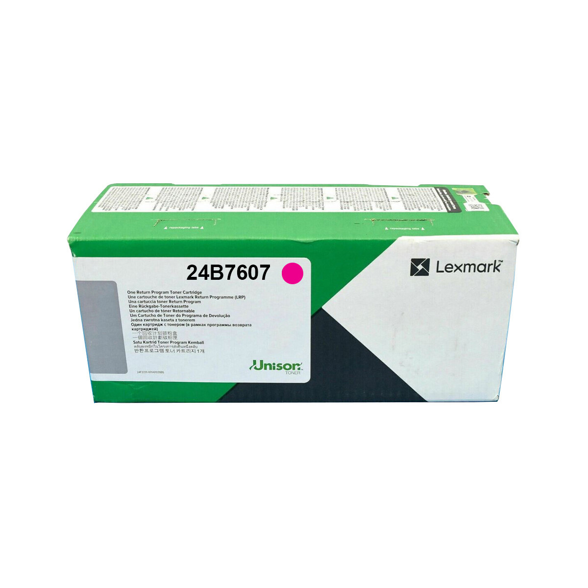 Scatola toner Lexmark verde 24B7607 con testo multilingue e logo.