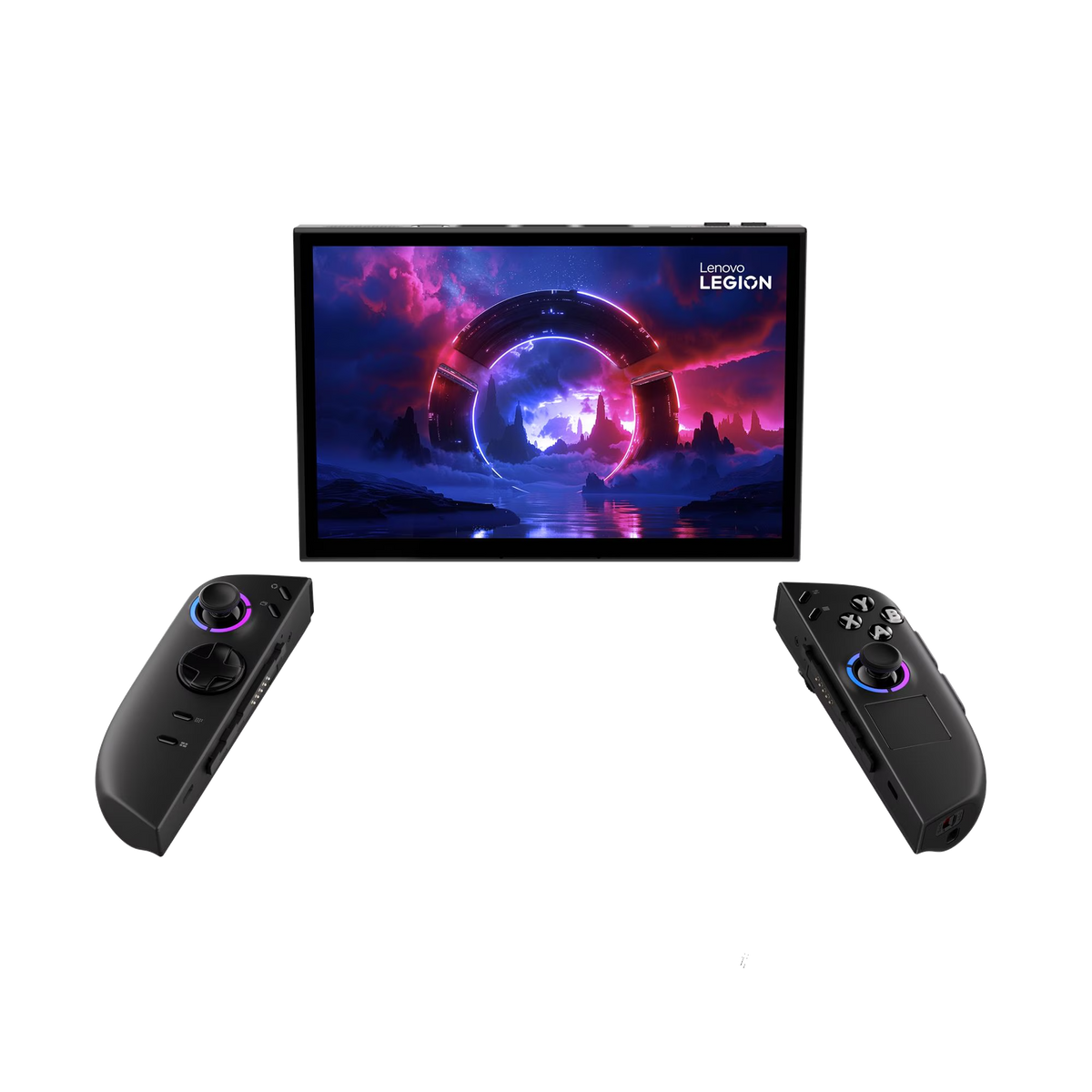 Un tablet da gaming Lenovo Legion con due controller staccabili, entrambi illuminati.