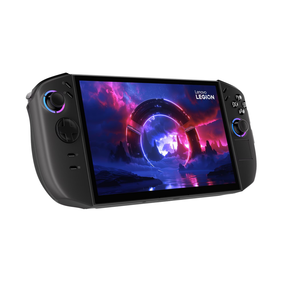 Un PC da gioco portatile nero che visualizza un vivace sfondo fantascientifico sul suo schermo.