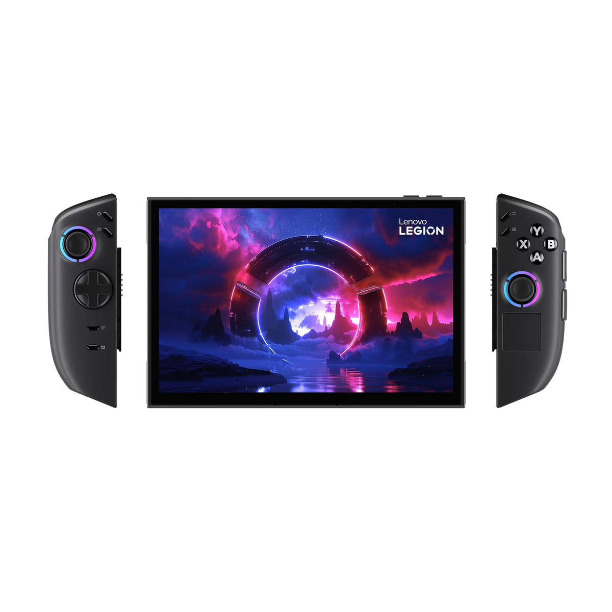 Un dispositivo di gioco portatile con controller staccabili e uno sfondo fantascientifico.