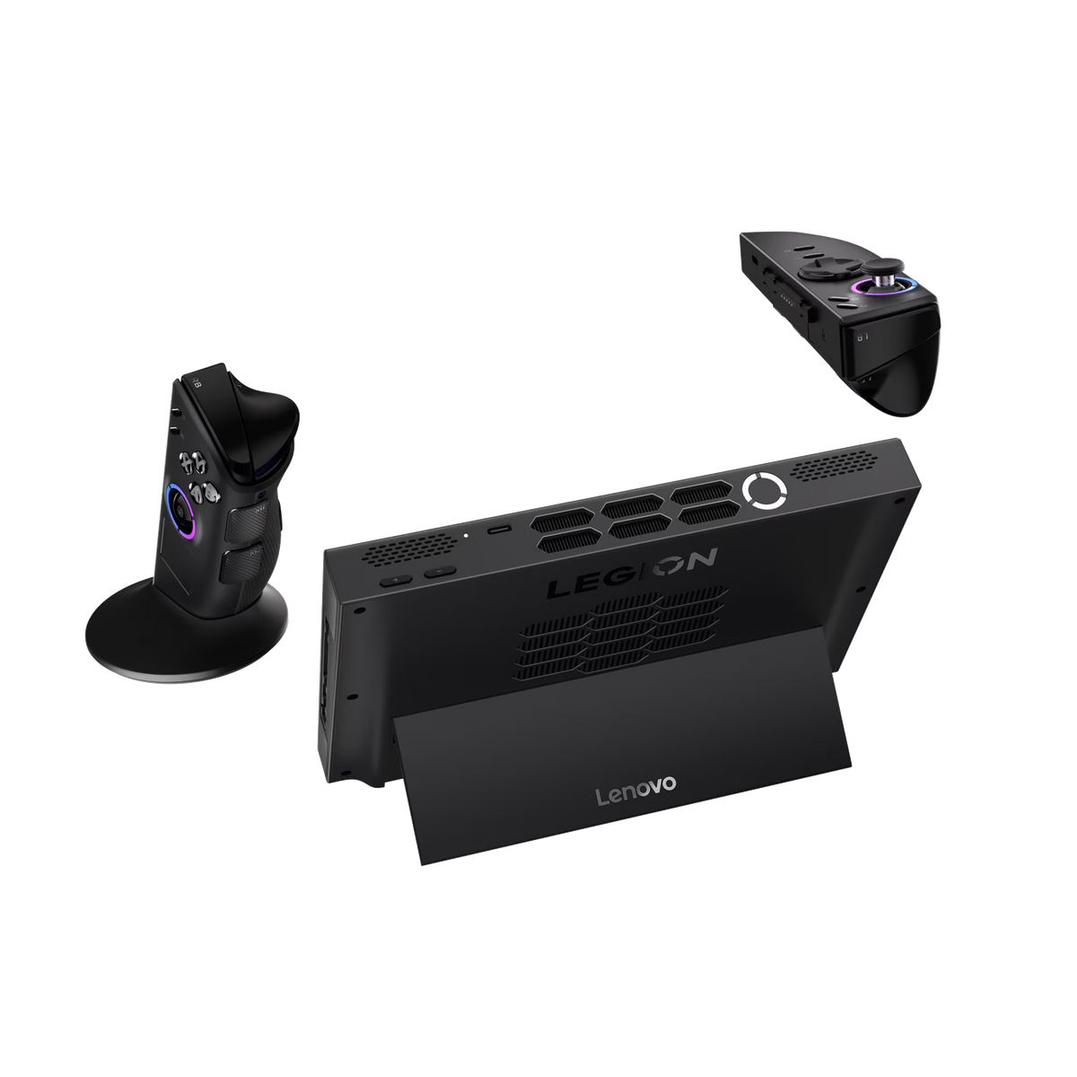 Console da gioco Lenovo Legion nera con due controller su sfondo nero.