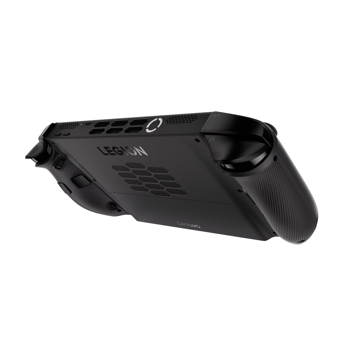 Dispositivo da gioco portatile nero con prese d'aria e logo "Legion".