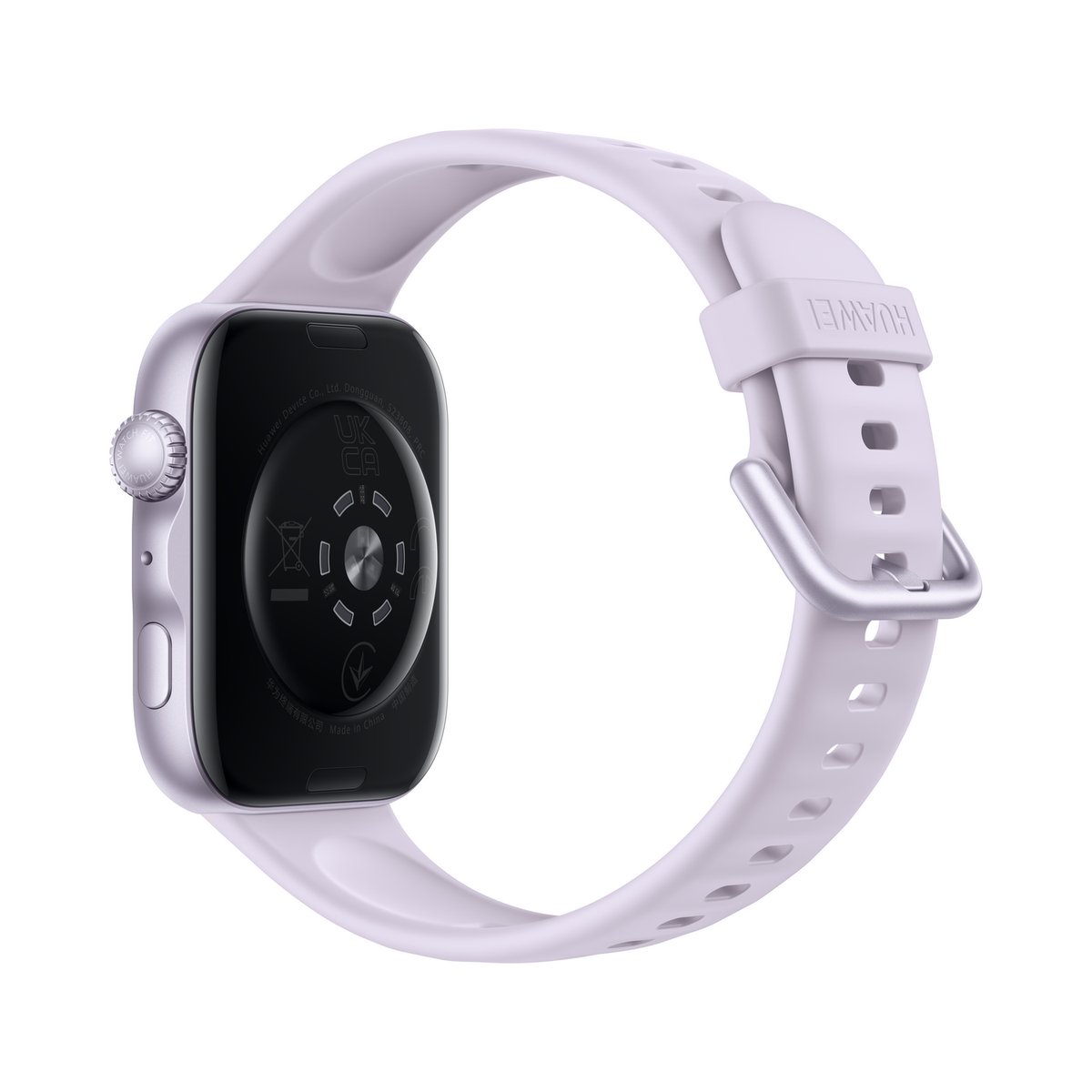 Lila Smartwatch mit silbernem Verschluss und schwarzem Gehäuseboden.