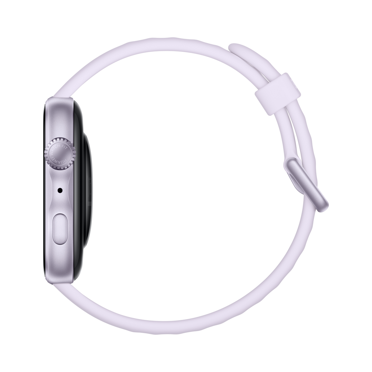 Silberne Smartwatch mit hellem Band auf weißem Hintergrund.