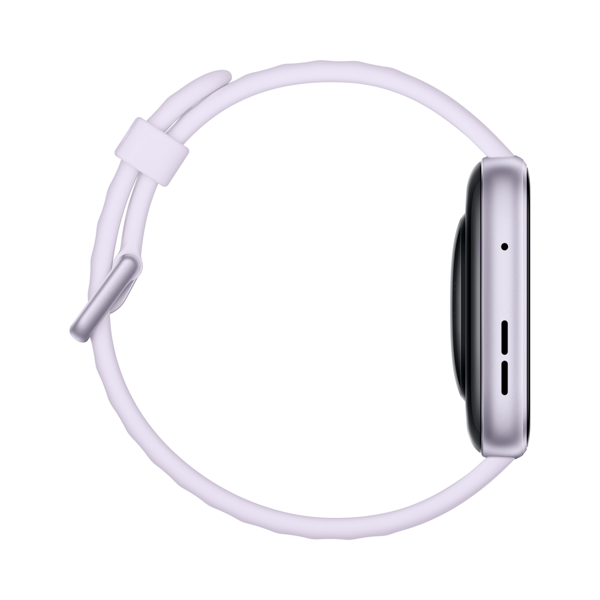Seitenansicht einer silbernen Smartwatch mit hellviolettem Armband auf weißem Grund.