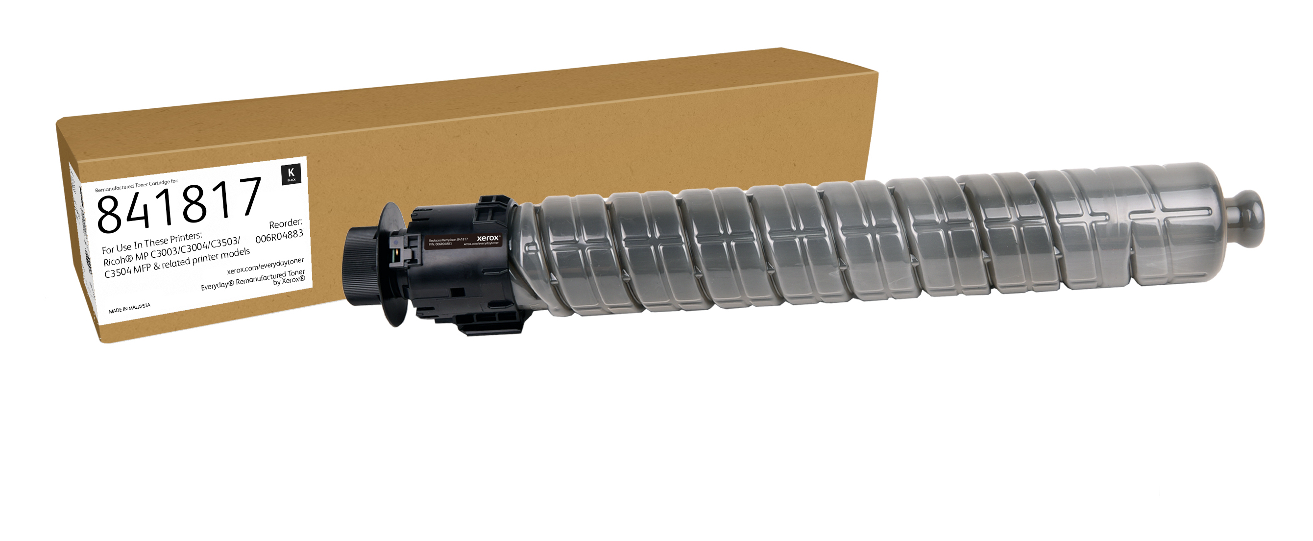 Un cilindro toner Xerox nero 841817 accanto a una scatola marrone.