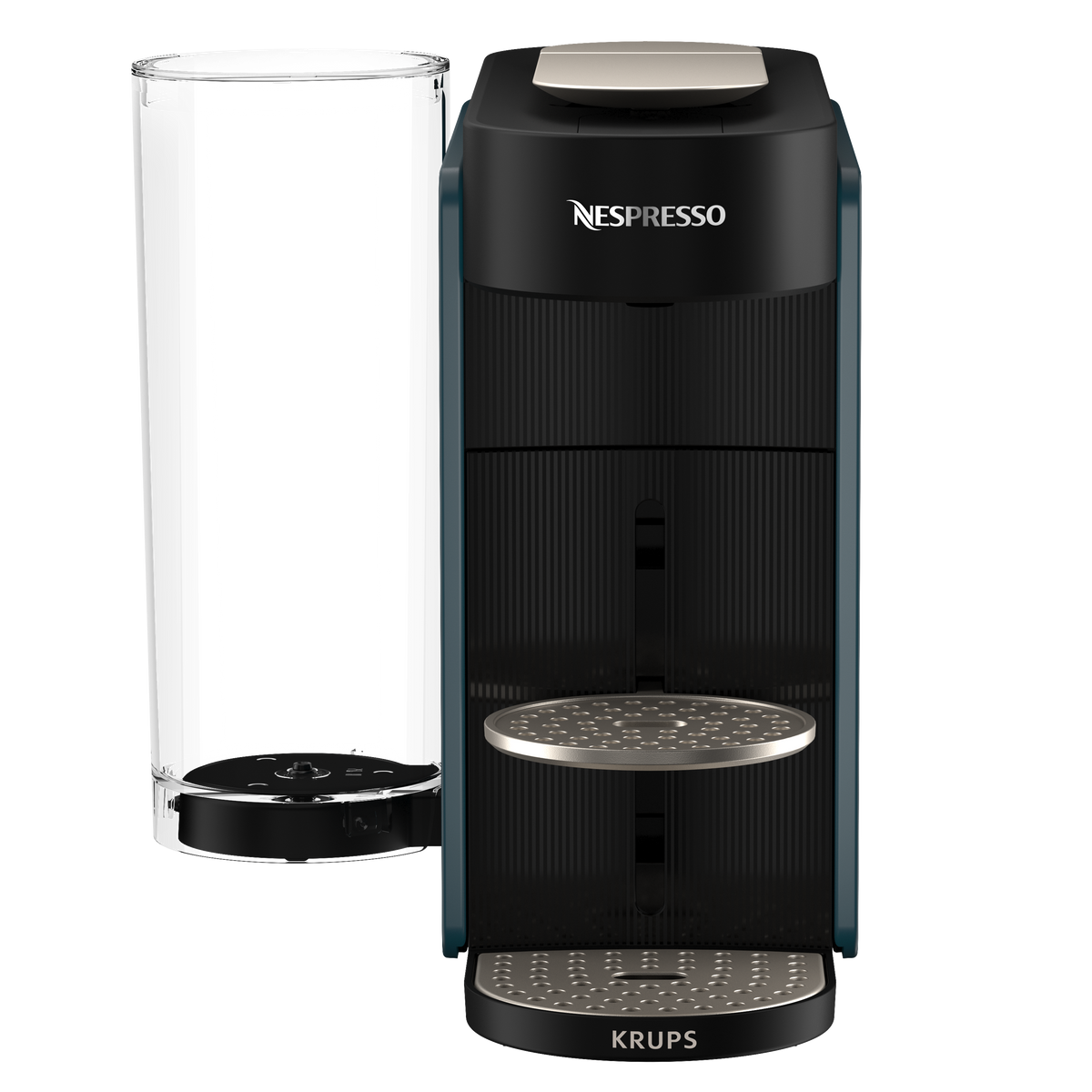 Schwarze Nespresso-Kaffeemaschine mit transparentem Wasserbehälter daneben.