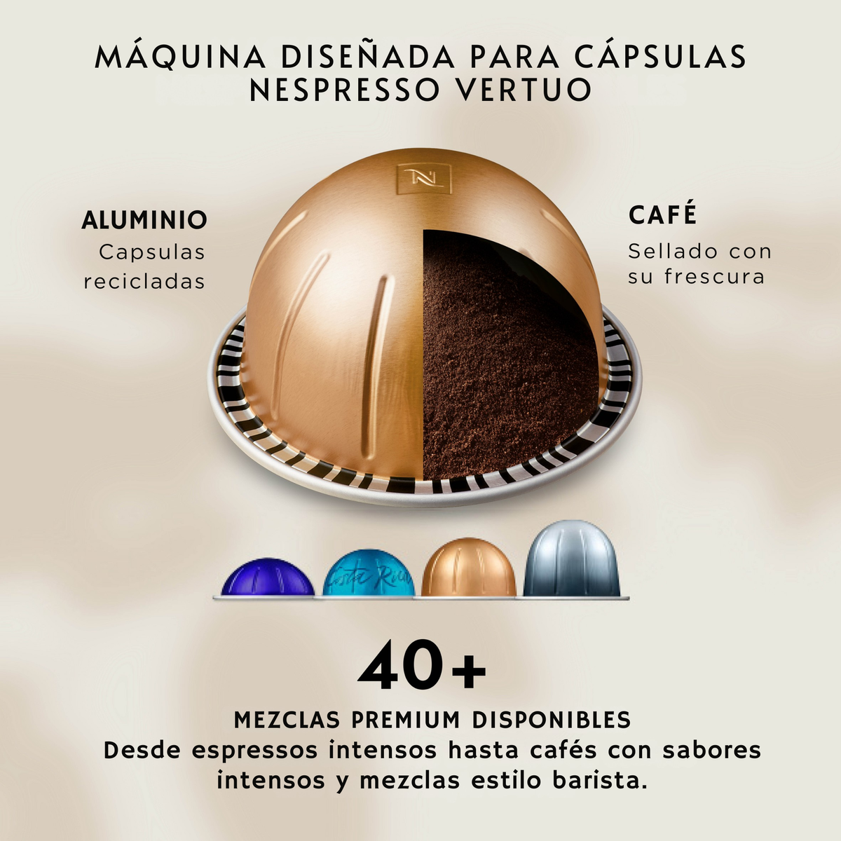 Eine Nespresso Vertuo-Kapsel, halb durchgeschnitten, enthüllt Kaffeepulver. Vier bunte Kapseln darunter.
