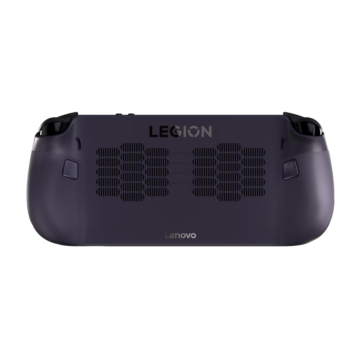Consola portátil morada oscura con ventilaciones y logo de Lenovo.