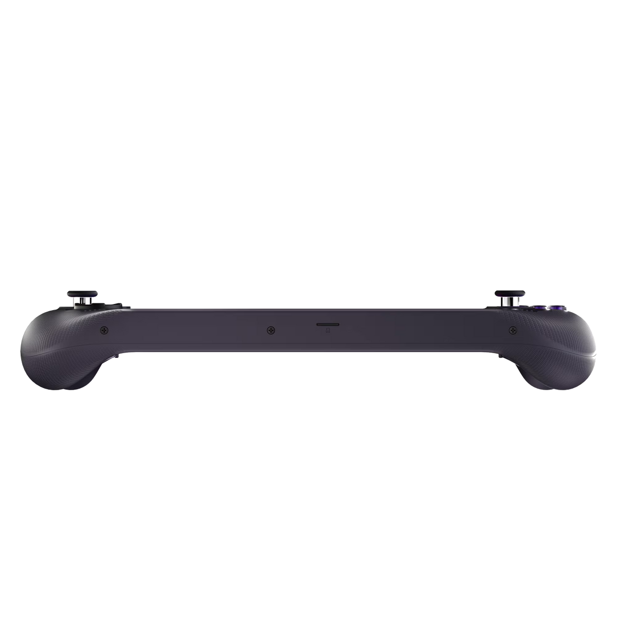 Gamepad gris oscuro con joysticks y botones.