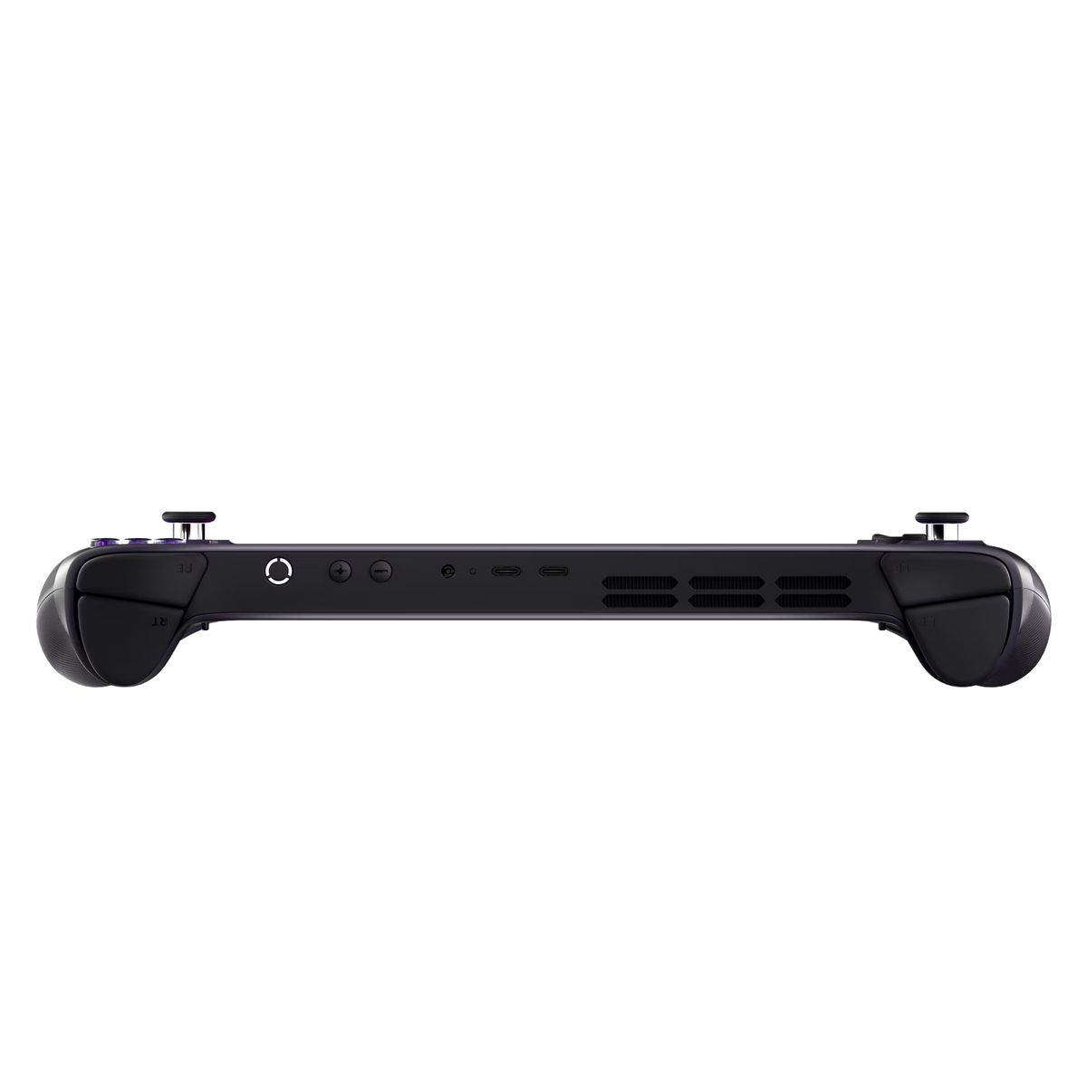 Una PC oscura para juegos portátil con joysticks y botones.