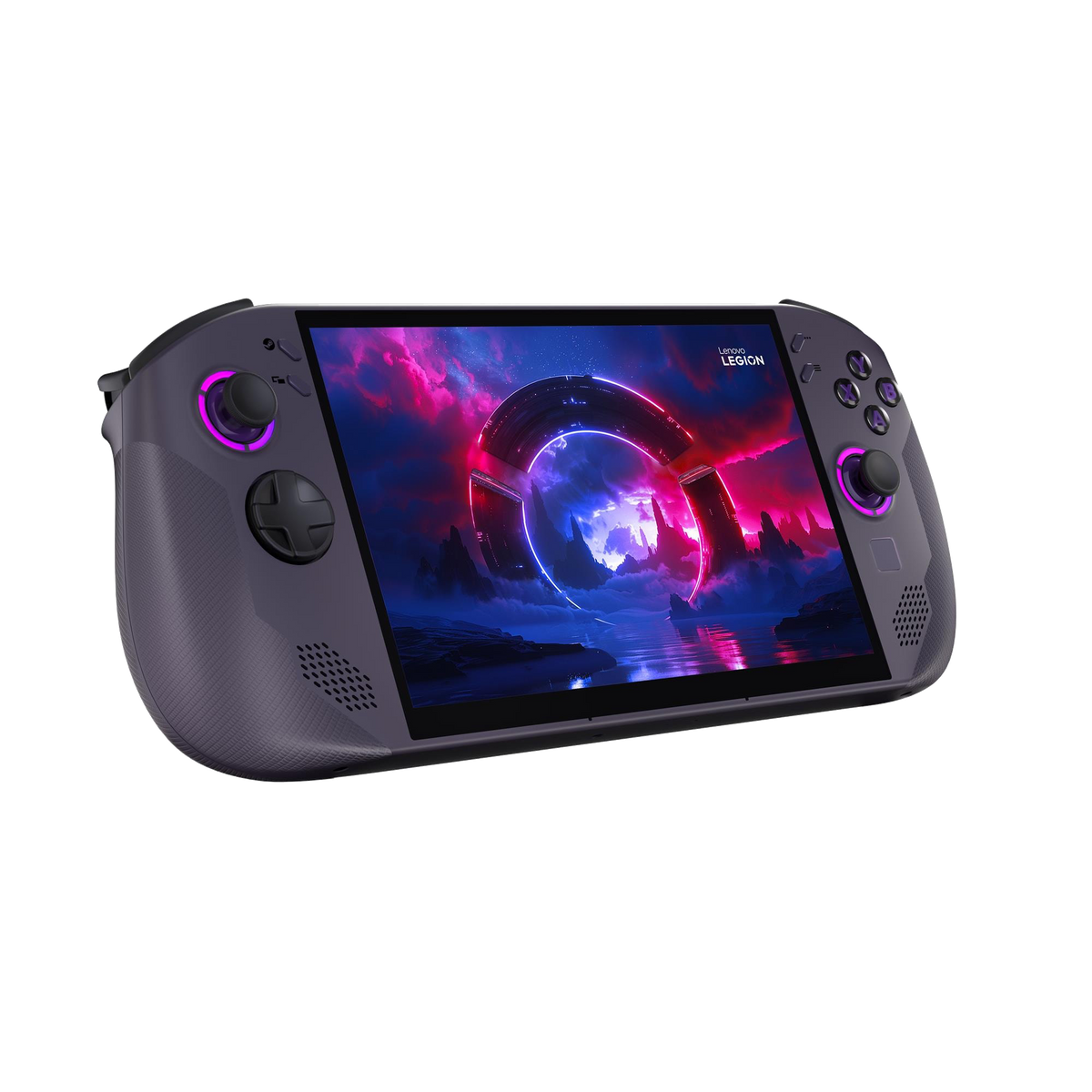 Un dispositivo de juego portátil morado oscuro con acentos rosa brillante y un fondo futurista.