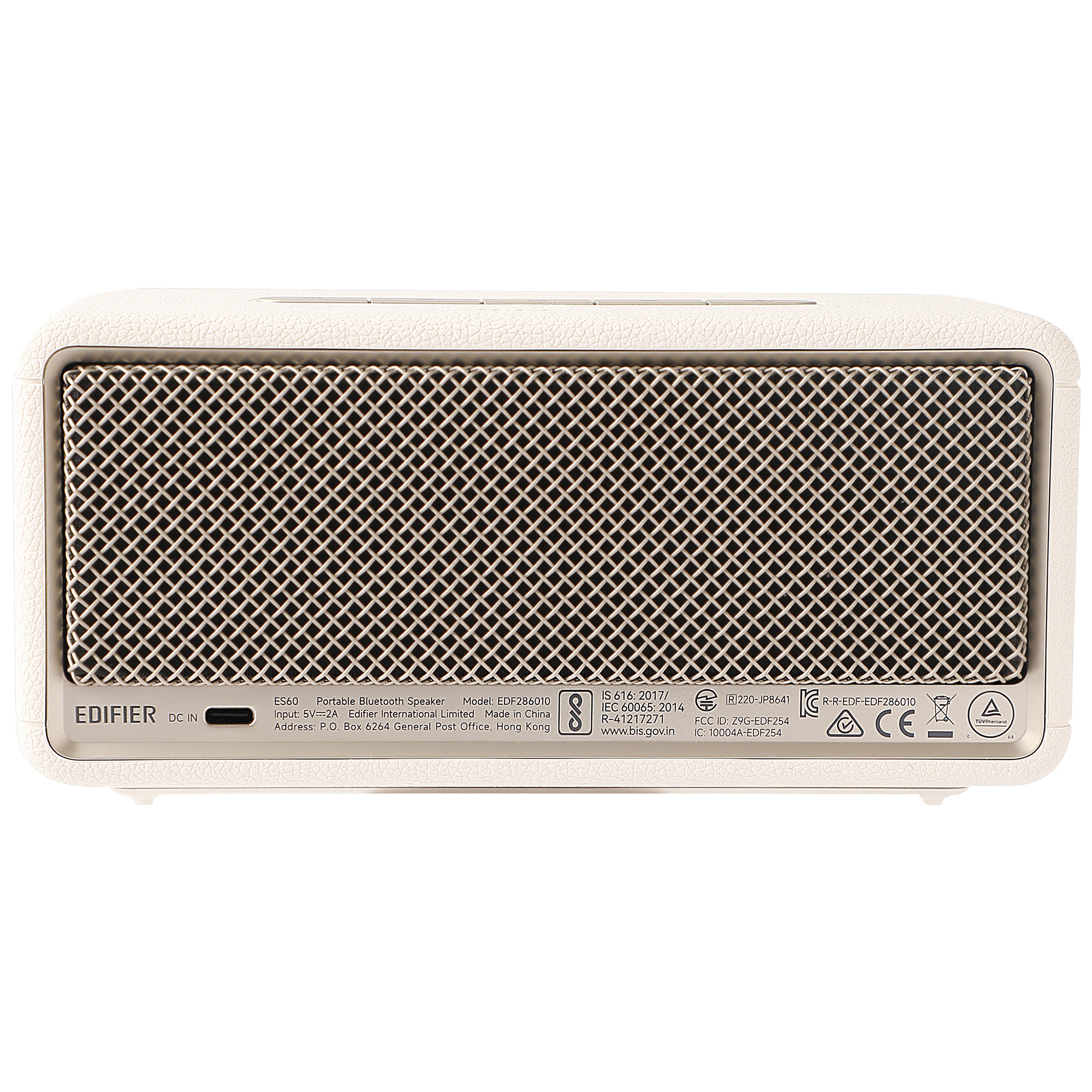 Biały głośnik Bluetooth z srebrną kratką i etykietami.
